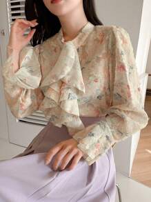 DAZY Women Floral Print Ruffle Flared Sleeve Blouse,Fall Women Clothes Long Sleeve Top