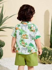 SHEIN 2pcs Set Baby Boy/Girl Casual Daily Cute Allover Print Coconut Tree & Animal Pattern Drop Shoulder Loose Fit Round Neck Top Shirt And Elastic Waist Shorts Set, Suitable For Spring/Summer, Home, Outing, Vacation, Beach