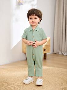 Cozy Pixies Baby Boy Simple Solid Knit Soft Casual Lapel Button-Front Long Sleeve Romper With Pants, Versatile For Summer