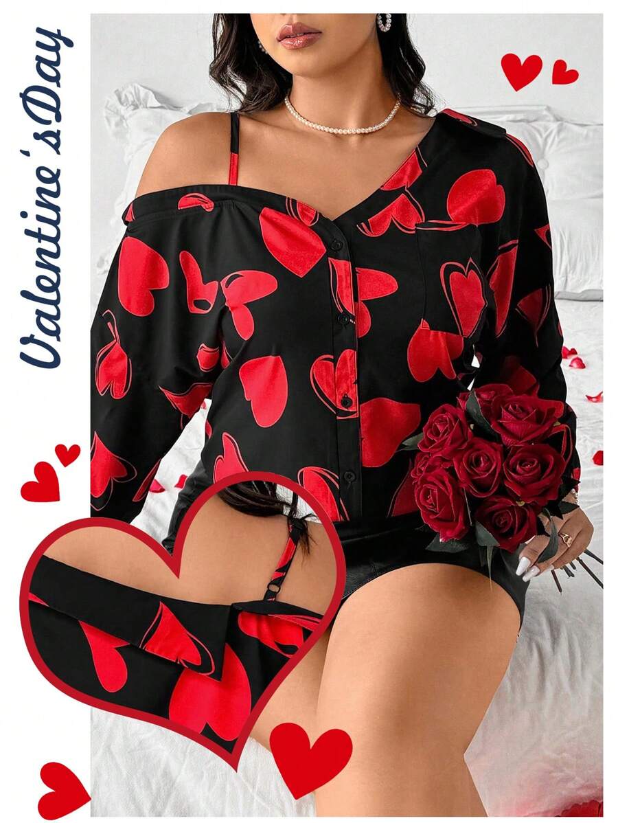 Celure Damen Große Größen Bluse mit Herzprint, Langarm, Schulterausschnitt, Modisch, Valentinstag