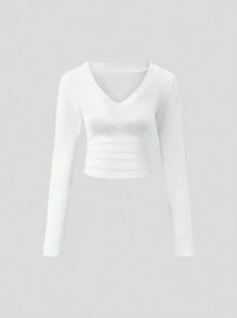 Flirla Women's Solid Color V-Neck Long Sleeve Three-Piece Set T-Shirt