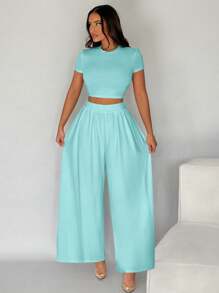 SHEIN SXY 2 Stücke/Set Damen einfarbiges Rundhals Kurzarm T-Shirt und Hose Lässig Outfit