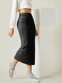 SHEIN BASICS Women Simple Solid Color Slim Fit Skirt, Casual Daily Wear - Dark Grey - View 5