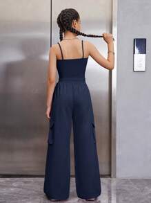 SHEIN Teen Girls Solid Color Sports Top And Pants Set - Navy Blue - View 2