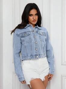 SHEIN PETITE Women Short Single Breasted Casual Denim Jacket, Long Sleeve