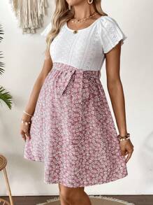 SHEIN 孕妇撞色花卉印花圆领短袖束腰连衣裙