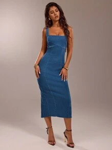 SHEIN Forever 21 Abito lungo in jeans blu senza maniche per vestito da spiaggia, abbigliamento da concerto in stile country, abito da tè elegante, abiti casual estivi da donna