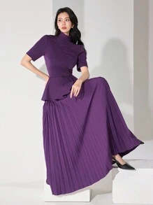 Heiryn 女士优雅纯色立领百褶下摆连衣裙 - 紫色 - 查看 2