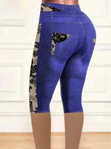 Ellevyn 1pc Women's Denim Effect Print Leggings, Casual & Fashionable For Everyday Wear