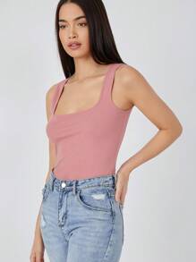 SHEIN BASICS 女款純色方領修身休閒背心上衣 夏季女裝 - 藕粉色 - 查看 4