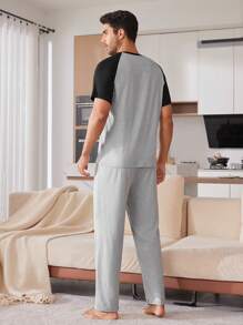 Men's Casual Letter Print Raglan Sleeve Pajama Set - Grey - View 2