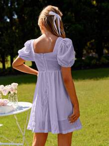 SHEIN VCAY Women's Elegant Summer Fashion Square Neckline Puff Sleeve A-Line Dress With Waist Cinching