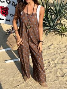 DAZY Women's Spaghetti Strap All-Over Print Casual Jumpsuit, Loose Fit Women Rompers Vacation Outfits Women - Brown - View 4
