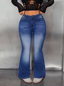 SHEIN PETITE 女式休闲水洗修身喇叭牛仔裤