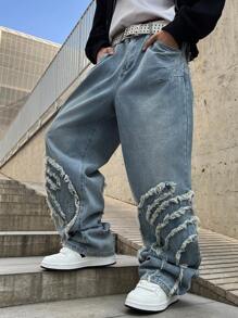 Manfinity EMRG Jeans casuales de pierna ancha con bolsillo remendado y deshilachado para hombres