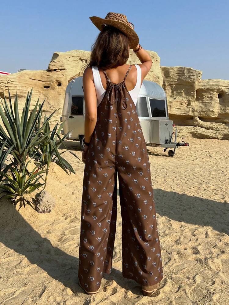 Women's Spaghetti Strap All-Over Print Casual Jumpsuit, Loose Fit Women Jumpsuits Vacation Outfits Women Boho Jumpsuit For Women