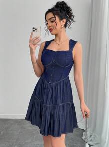 SHEIN Unity Casual Denim Effect Cinched Waist Sleeveless Dress - Blue - View 5