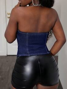 SHEIN Slayr Sexy Cropped Denim Tube Top For Women, Suitable For Travel And Outdoor Activities - Blue - View 2