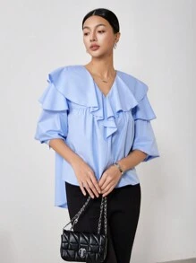 EastFlair Women's Casual Blue Ruffle Hem Blouse, Spring/Summer - Blue - View 3