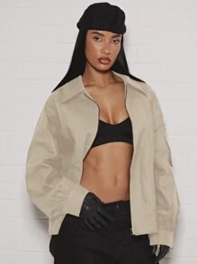 SUMWON WOMEN Premium Utility Shacket Oversized Cotton Blend Workwear Spring Autumn Lightweight Casual Zip-Up Outerwear With StAnd Collar Modern Urban Style