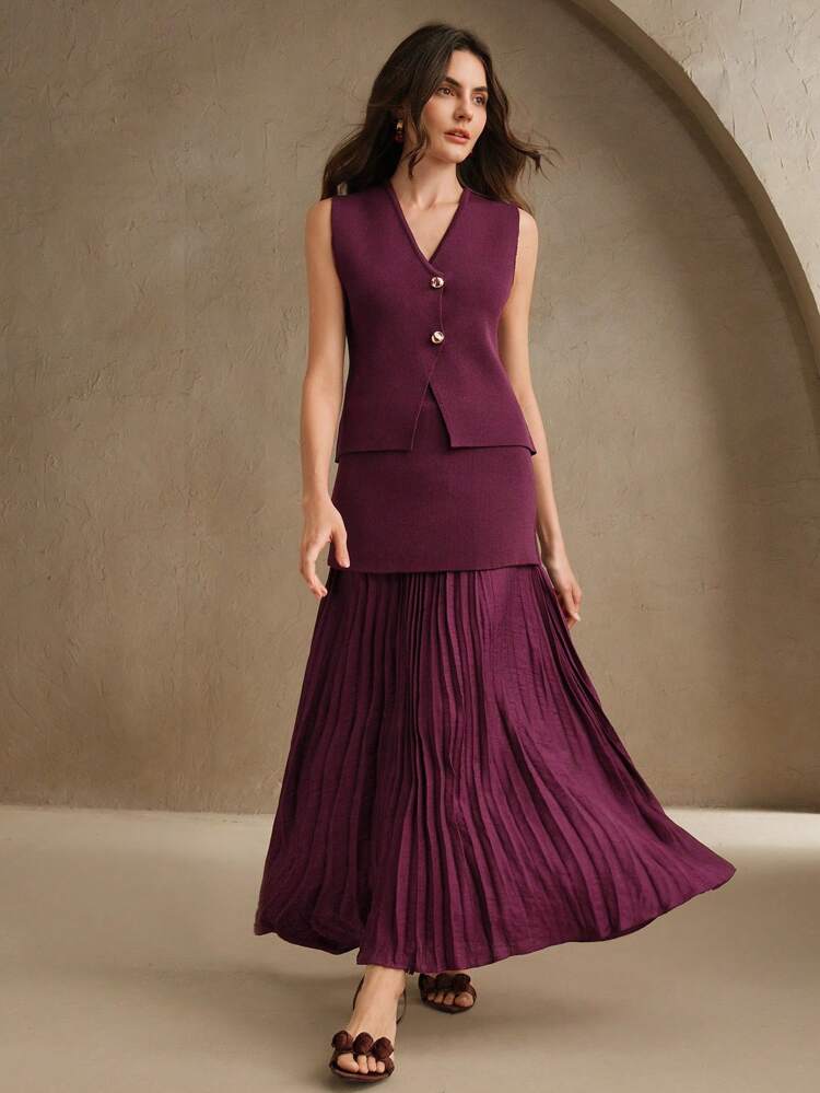 Women's Solid Color Single Breasted Knit Vest & Long Pleated Knit Midi Skirt Set, Vintage Chic For Everyday Office Wear