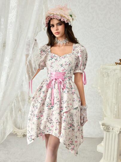Palace Elegant Ditsy Floral Cross Straps Elastic Waist Asymmetric Hem Dress, For Tea Party