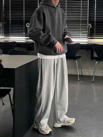 DAZY Áo hoodie thêu chữ màu xám thường ngày cho nam mùa thu đông