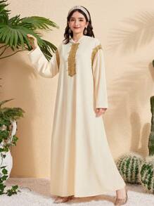 Teen Girl Casual Loose Hooded Long Sleeve Dress, Featuring Lace Crochet Decoration, Gold Trim, Elegant Design For Teenage Girls - Apricot - View 3