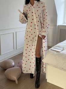 SHEIN Essnce Women's Valentine's Day Red Heart Print Full Heart Print Front Button Super Loose Long Dress,Shirt Dress,For Summer/Spring 2025 New