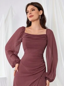 Long Sleeve Chiffon Dress With Pleats, Slits, Open Back And Waist Tie, Bridesmaid Dress, Bride Dress, Birthday Women Outfits, Graduation Dress, Formal Dress