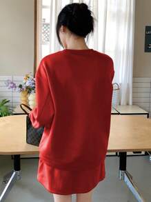 INAWLY Conjunto de 2 piezas para mujer: Top de cuello redondo de manga larga unicolor y falda