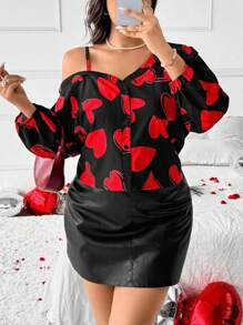 Celure Damen Große Größen Bluse mit Herzprint, Langarm, Schulterausschnitt, Modisch, Valentinstag