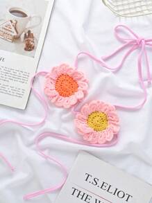 SHEIN SXY Novo estilo feminino Halter Tie Floral Crochet Cover-Up Top para praia férias de verão - Rosa - Ver 1