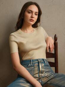 Anewsta Crew Neck Metallic Foil Short Sleeve Casual Knit Top, Suitable For Summer