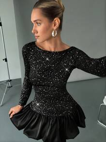 SHEIN Essnce Women's Bubble Girl Polka Dot Print Women Bubble Hem Fitted Mini Dress Women Dresses Black Lantern Dress Hem Dress /Flower Bud Hem/Ruffle/Birthday Outfit/Bubble Christmas Party Dress New Year Eve Dress Holiday Dress