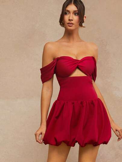 L'Amorae 女士服装，女士优雅扭纹上衣泡泡下摆镂空收腰露肩红色连衣裙，女士连衣裙，派对女士连衣裙，夏季女士连衣裙，优雅女士连衣裙，正式女士连衣裙，红色女士连衣裙，正式女士连衣裙，舞会礼服，情人节礼服。适合约会、演唱会、演出、婚礼、派对、俱乐部、晚会