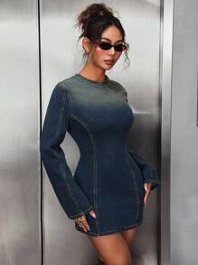 SHEIN ICON Women's Stand Collar Long Sleeve Fitted Short Denim Dress