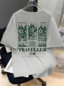 SHEIN Camiseta de manga corta y cuello redondo con estampado de paisaje de montaña y bosque inglés para adolescentes varones de uso casual