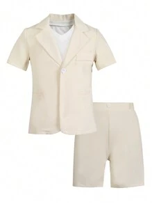 SHEIN 2pcs Tween Boy's Gentleman Suit Set: Short Sleeve Blazer Jacket + Shorts/Trousers, Birthday Party, Wedding, Graduation, Special Occasions - Apricot - View 3