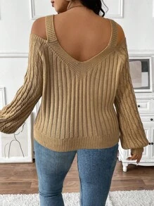 SHEIN Clasi Plus Size Women Knitted Neckline Design Cold Shoulder Lantern Sleeve Slightly Open Back Regular Loose Pullover Sweater, Autumn/Winter Fall - Apricot - View 3