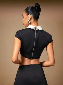 Hauture Colorblock Collared Short Sleeve Scuba Knit Top