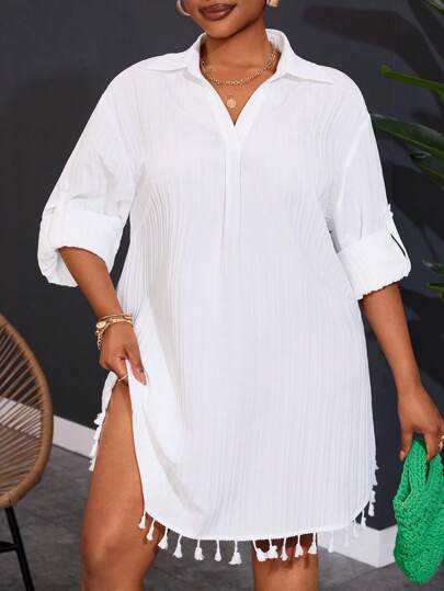 Slaydiva Camisa holgada con fleco en el bajo, adecuada para vacaciones y playa, talla grande para mujer