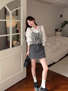 DAZY 女式外套吊带背心，配闪亮蝴蝶结，秋冬 - 灰色 - 查看 5