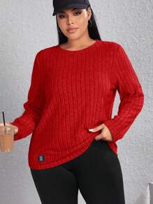 SHEIN EZwear Camiseta casual de manga larga, cuello redondo, acanalada, de talla grande - Rojo - Ver 1