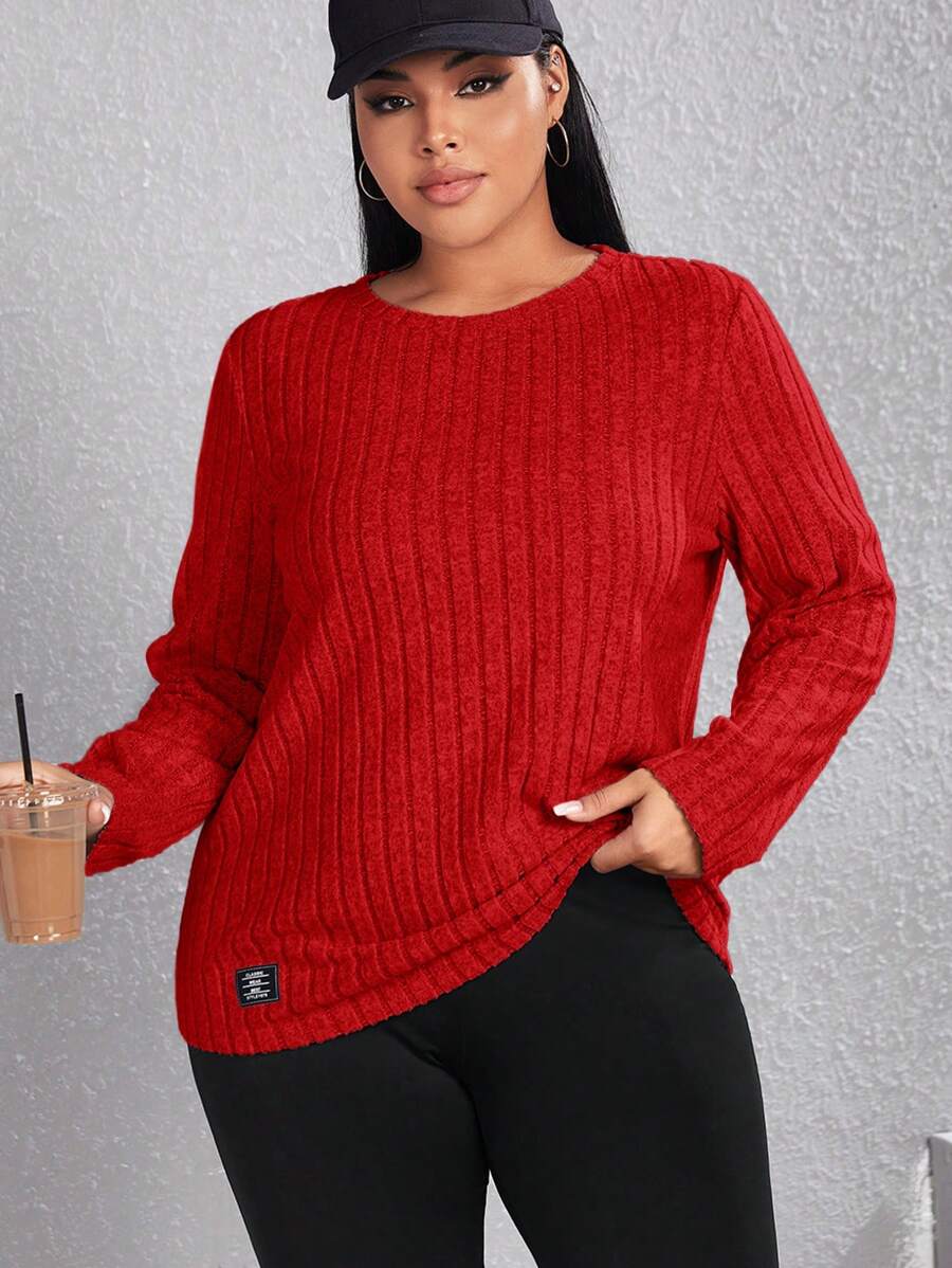SHEIN EZwear Camiseta casual de manga larga, cuello redondo, acanalada, de talla grande - Rojo - Ver 1