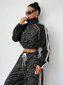 Coolane Conjunto de dos piezas de mujer con chaqueta estilo atlético de mezcla de estampado de leopardo y pantalón ancho de chándal para salir