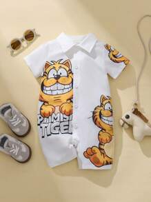 SHEIN Barboteuse à manches courtes, imprimé tigre mignon, col cranté, pour garçons bébés, idéal pour le port quotidien, les activités extérieures, le printemps/l'été