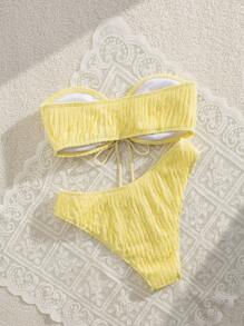 Swim Mod Frühlings-Frauen-Bademoden Sommer-Outfit, einfarbiger sexy Bandeau-Bikini mit Kordelzug 2-teiliges Set - Gelb - Übersicht 2