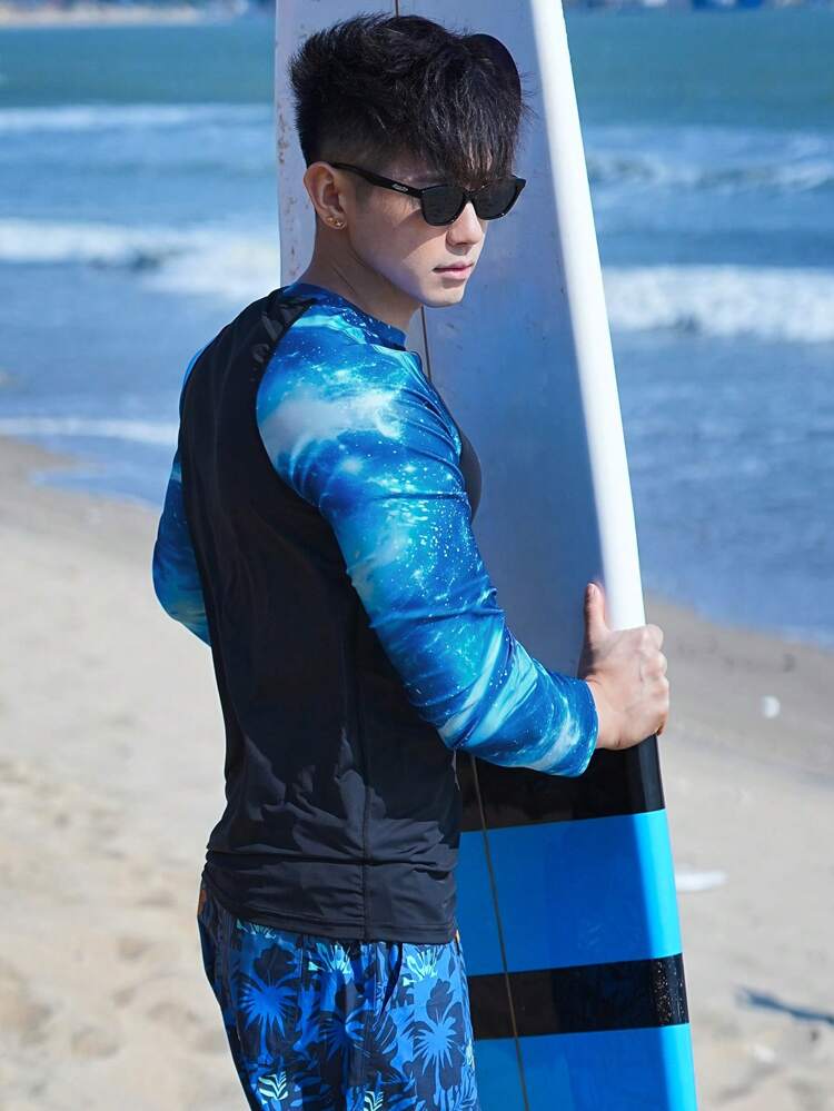 Men's Letter Print Patchwork Contrast Color Vacation Beach Surfing T-Shirt, Spring/Summer,Hawaiian