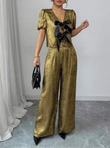 SHEIN Unity Women's Fashionable Everyday Bowknot Puff Sleeve Top And High-Waisted Shiny Pants 2 Pieces Set - Gold - View 2